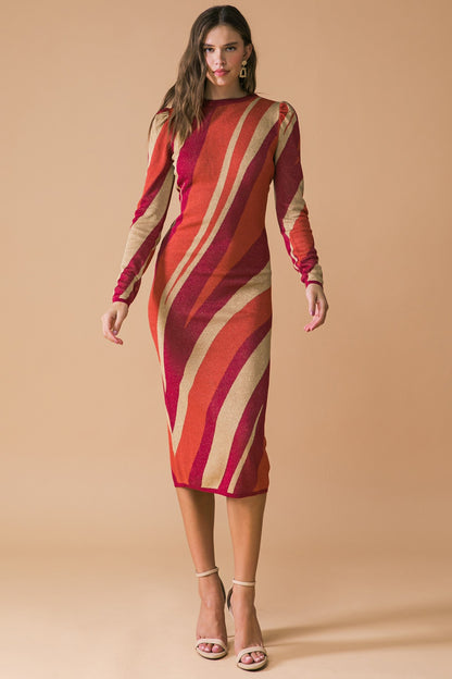 long sleeve print knit midi dress