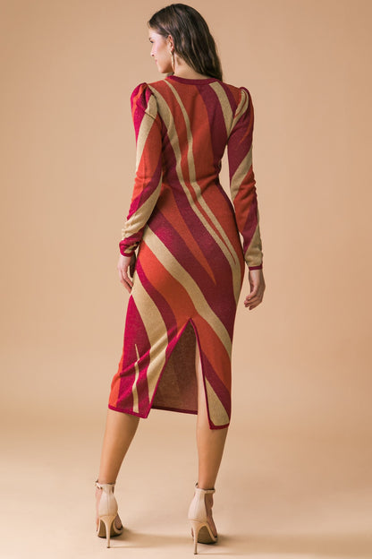 long sleeve print knit midi dress