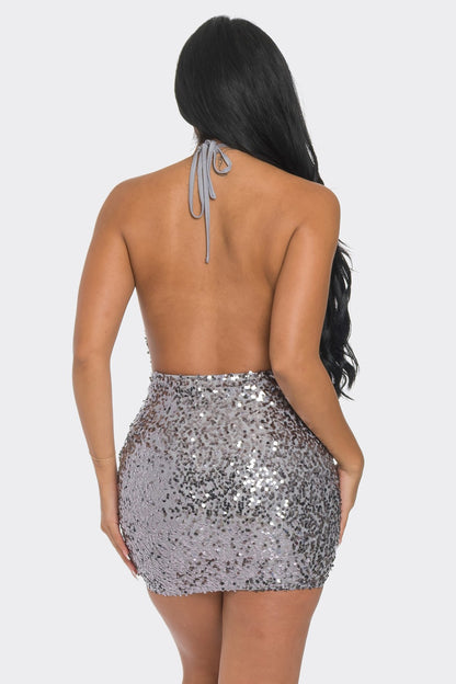 sequin open back cowl neck halter mini dress