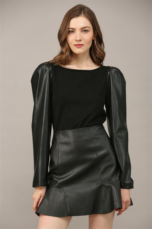 knit top with faux leather sleeves