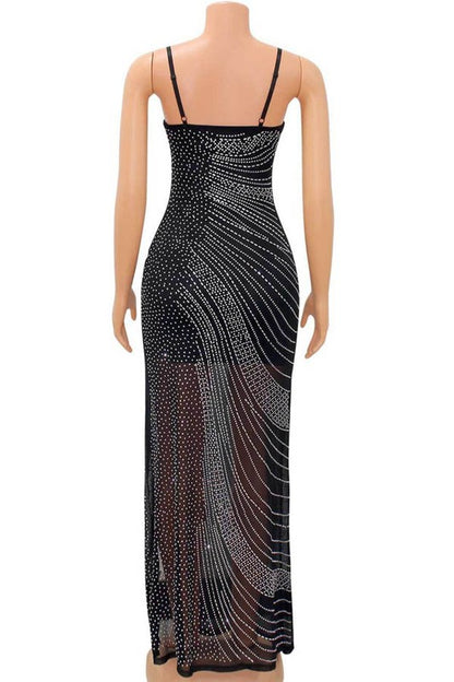 rhinestone studded high leg split sleeveless maxi dress