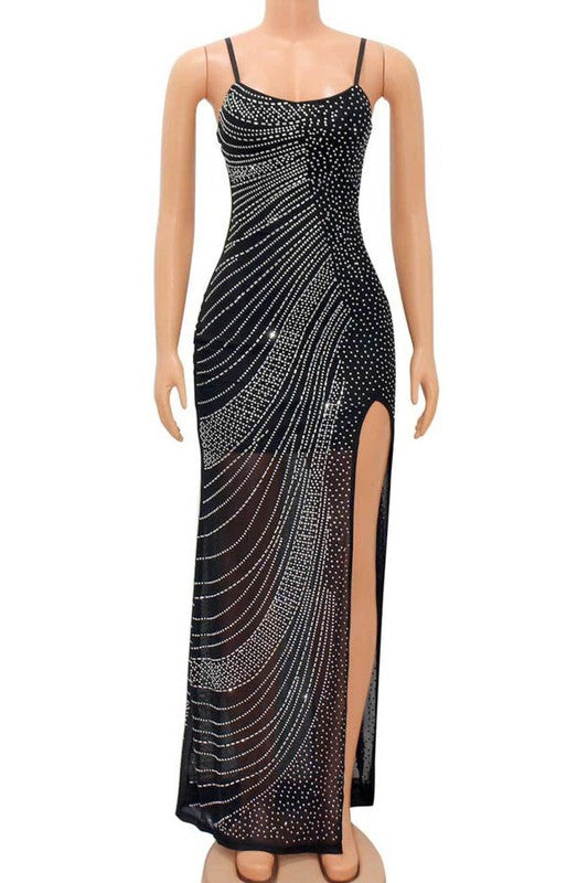 rhinestone studded high leg split sleeveless maxi dress