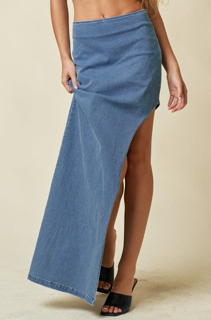 denim high slit maxi skirt