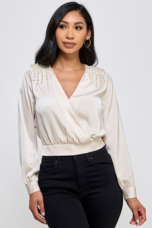 pearl shoulder satin surplice top