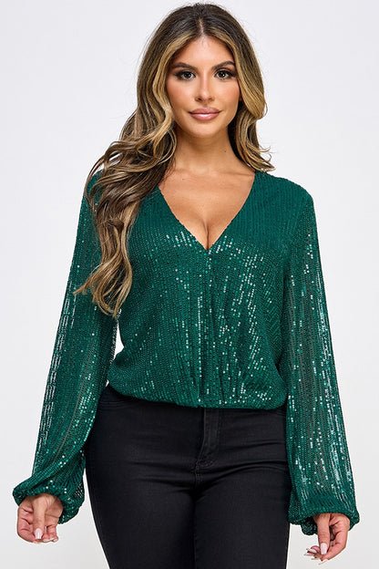 sequin surplice long sleeve top