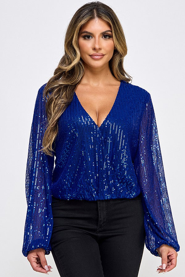 sequin surplice long sleeve top