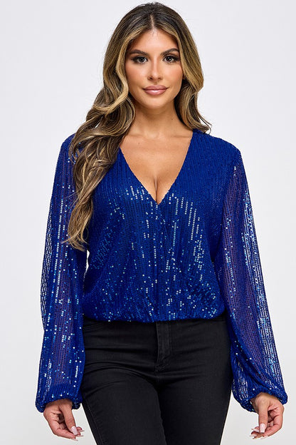 sequin surplice long sleeve top