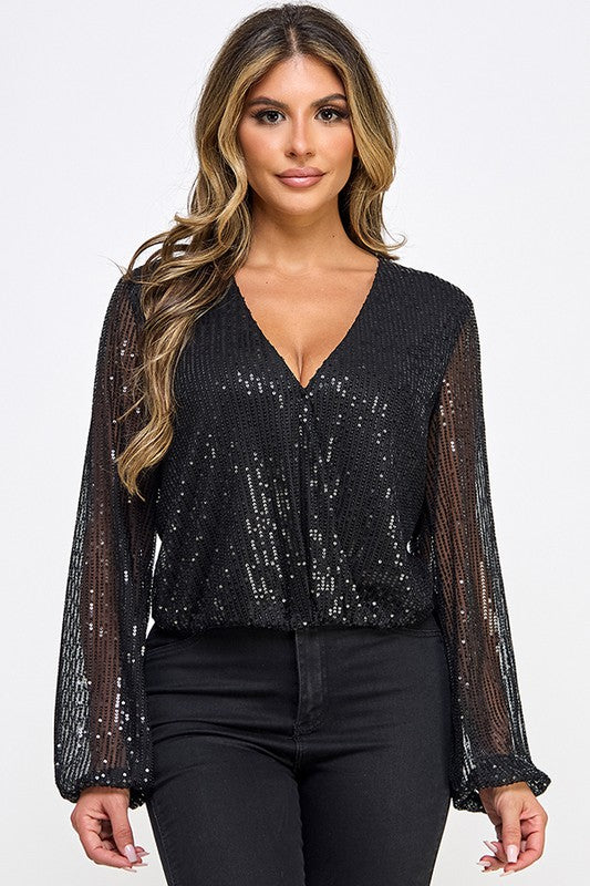 sequin surplice long sleeve top