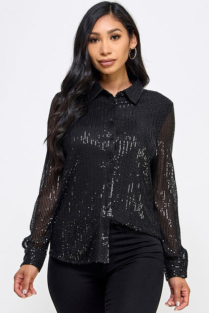 Sequin Long Sleeve Button Down Shirt