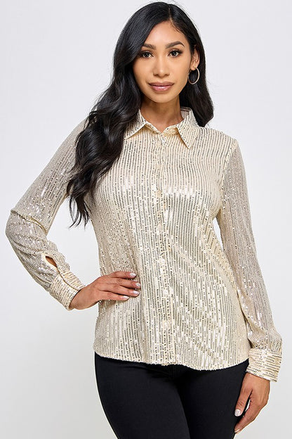 Sequin Long Sleeve Button Down Shirt