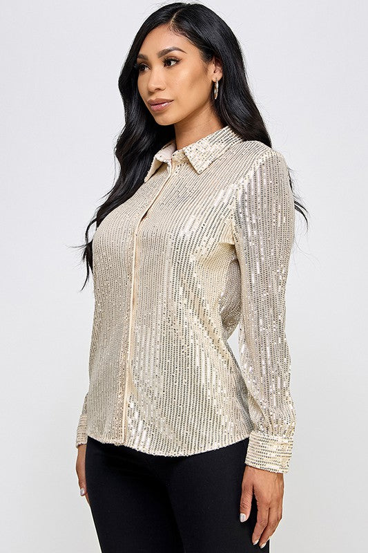 Sequin Long Sleeve Button Down Shirt