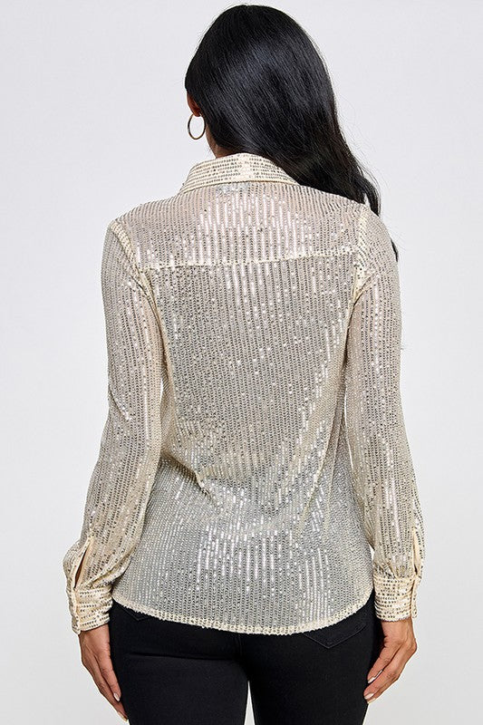 Sequin Long Sleeve Button Down Shirt