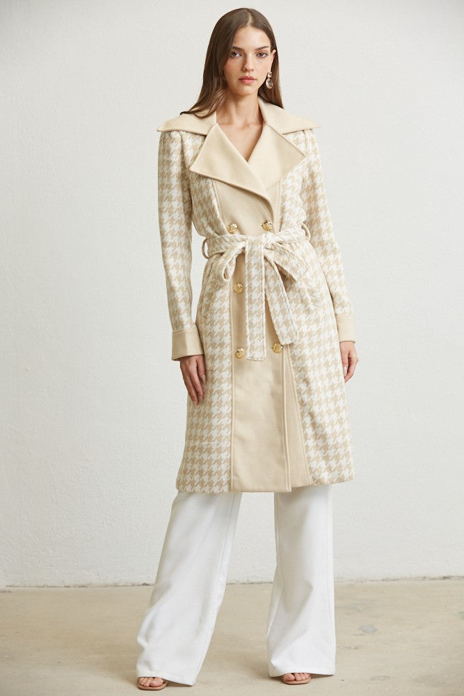 houndstooth tweed contrast trench coat