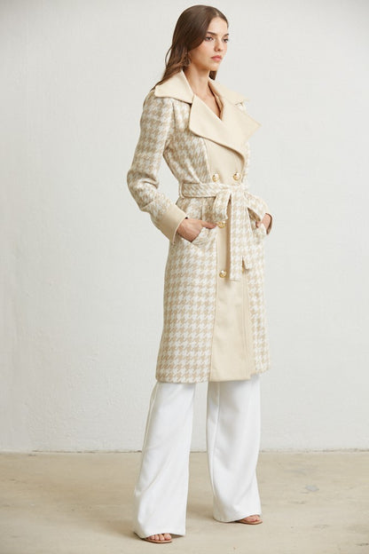 houndstooth tweed contrast trench coat