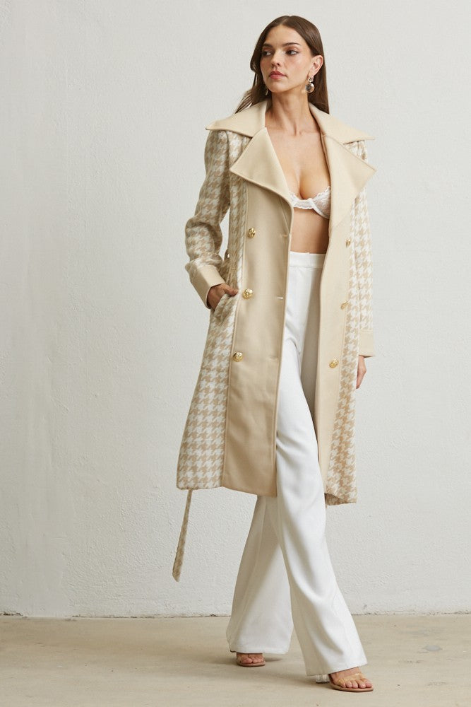 houndstooth tweed contrast trench coat