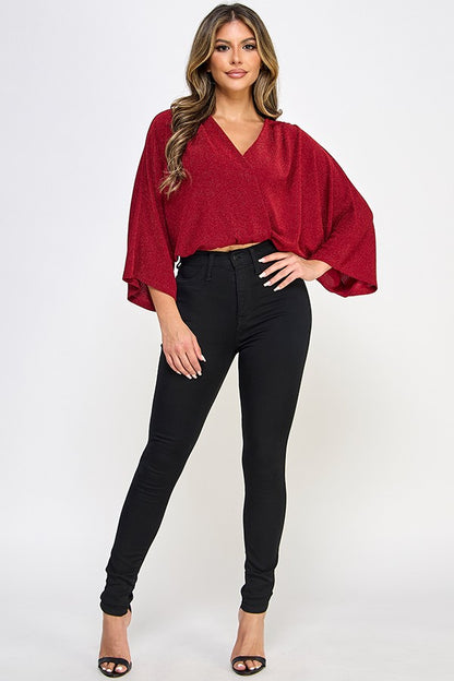 Dolman Short Sleeve Elastic Bottom Surplice Top