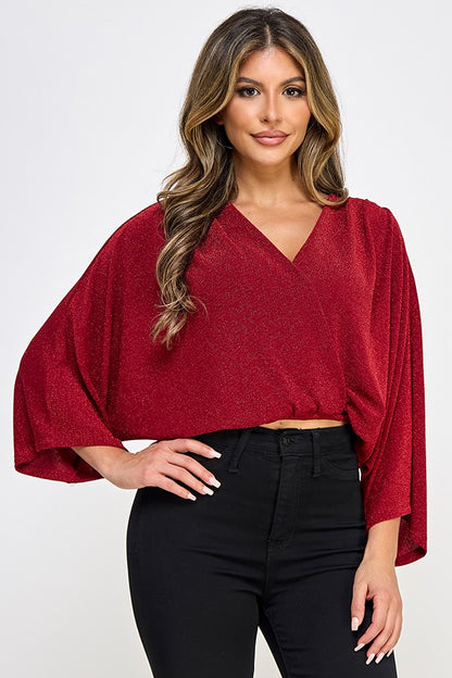 Dolman Short Sleeve Elastic Bottom Surplice Top