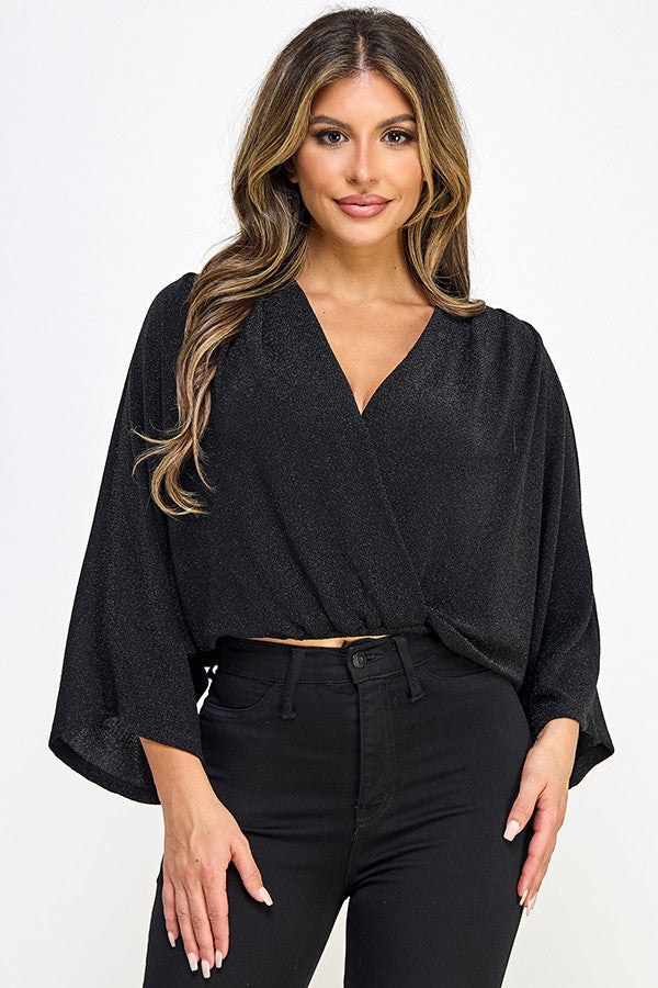 Dolman Short Sleeve Elastic Bottom Surplice Top