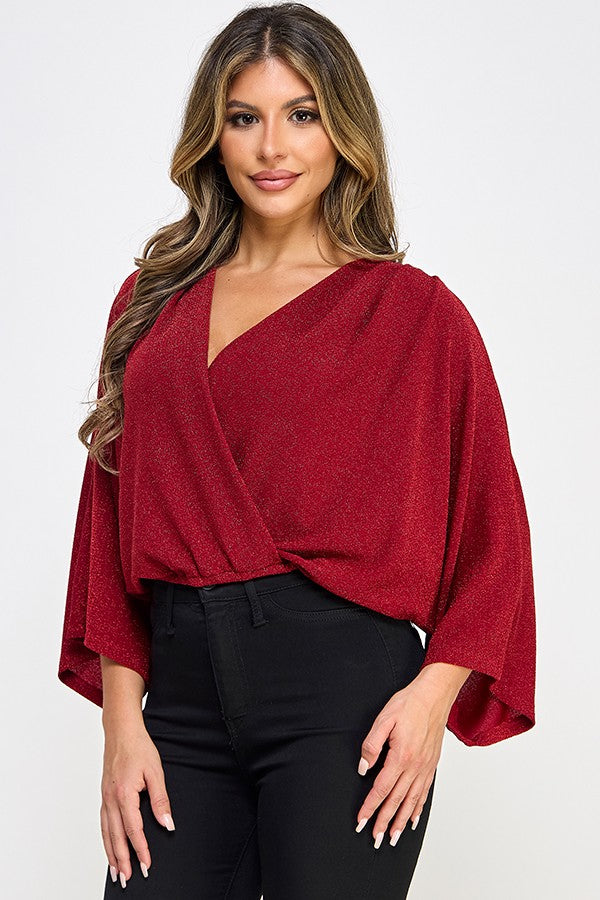 Dolman Short Sleeve Elastic Bottom Surplice Top