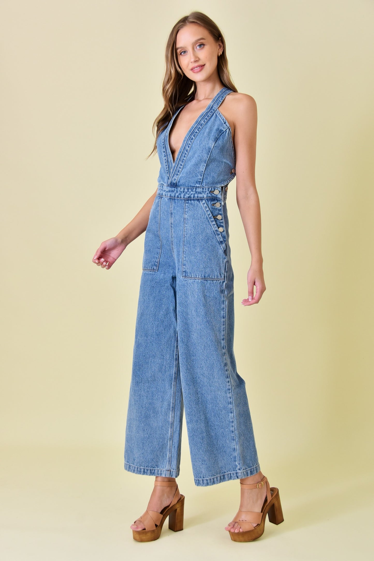 v neck wide leg denim jumpsuit