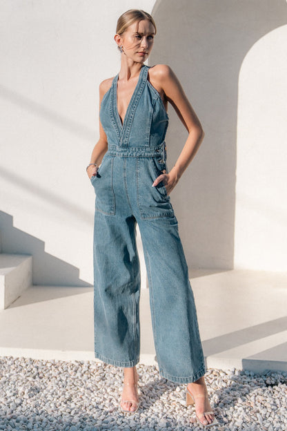 v neck wide leg denim jumpsuit