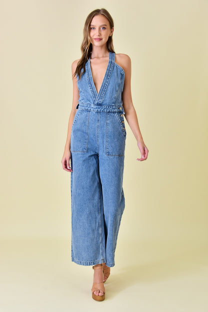 v neck wide leg denim jumpsuit