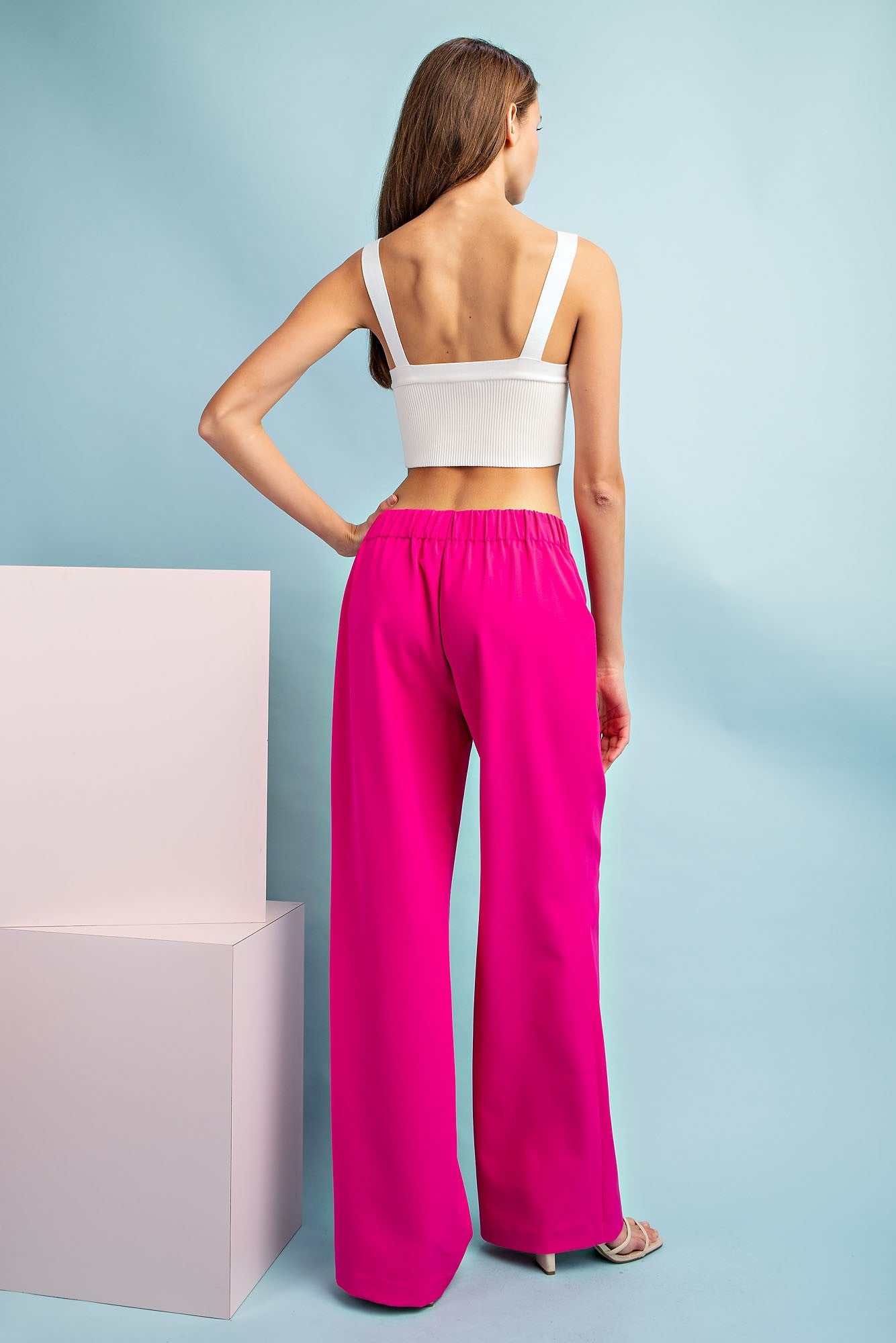 stretch pintuck front seam high waist wide leg pants