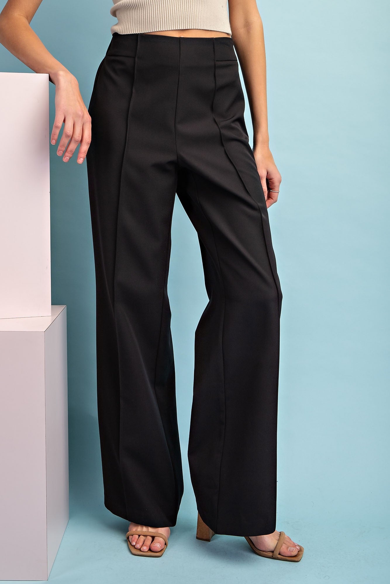 stretch pintuck front seam high waist wide leg pants