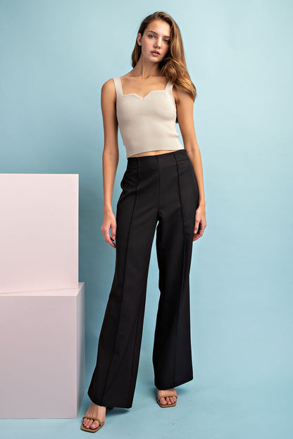 stretch pintuck front seam high waist wide leg pants