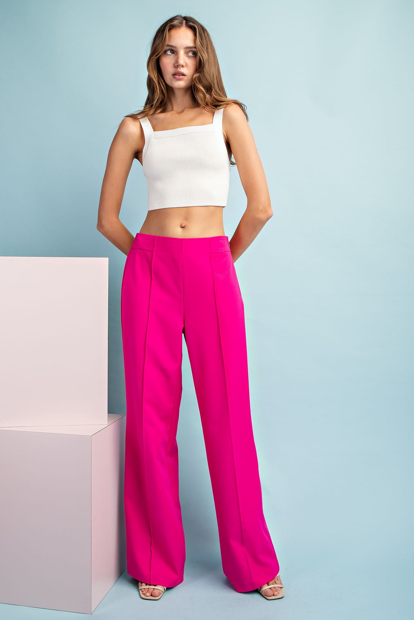 stretch pintuck front seam high waist wide leg pants