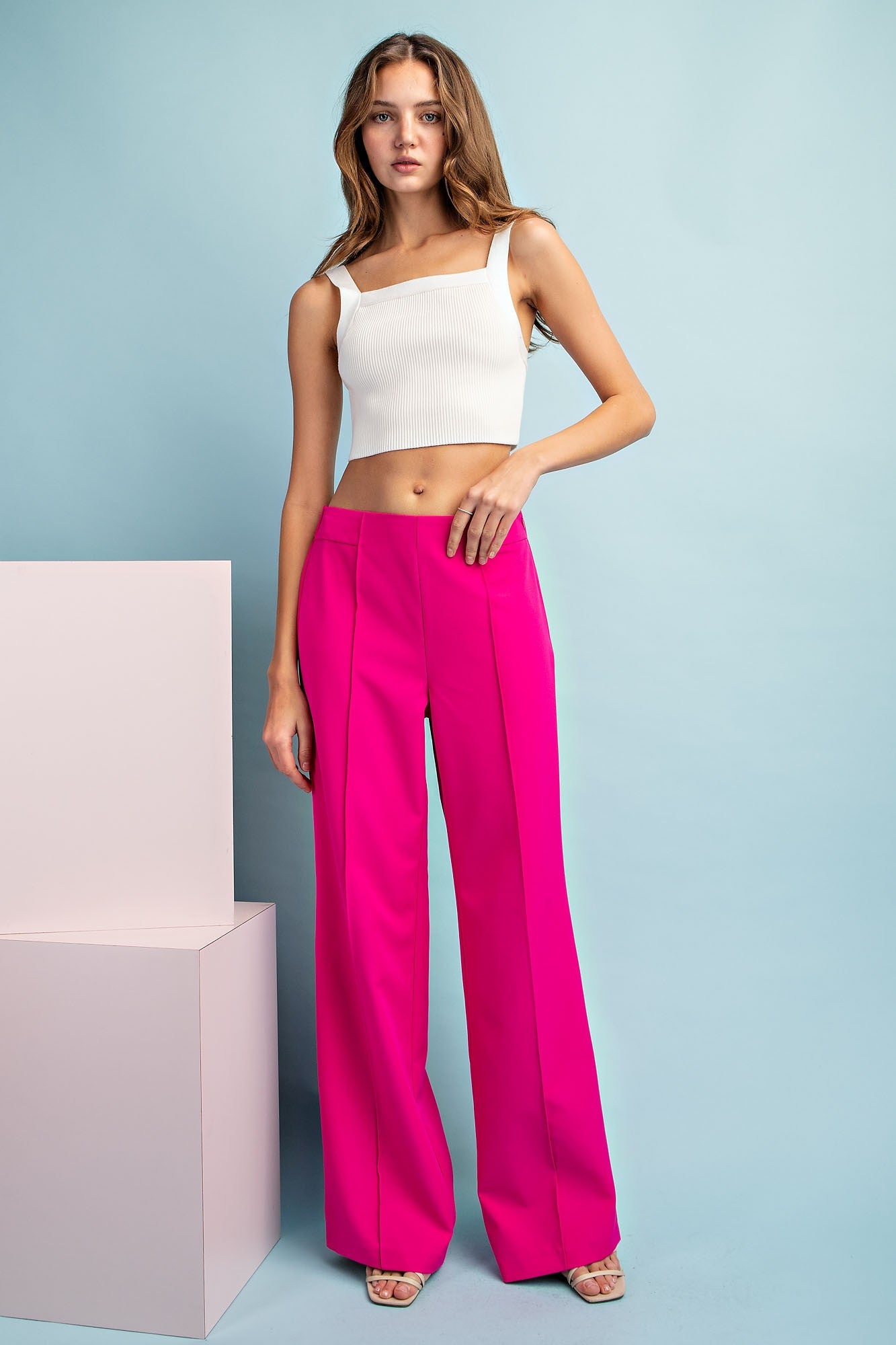 stretch pintuck front seam high waist wide leg pants