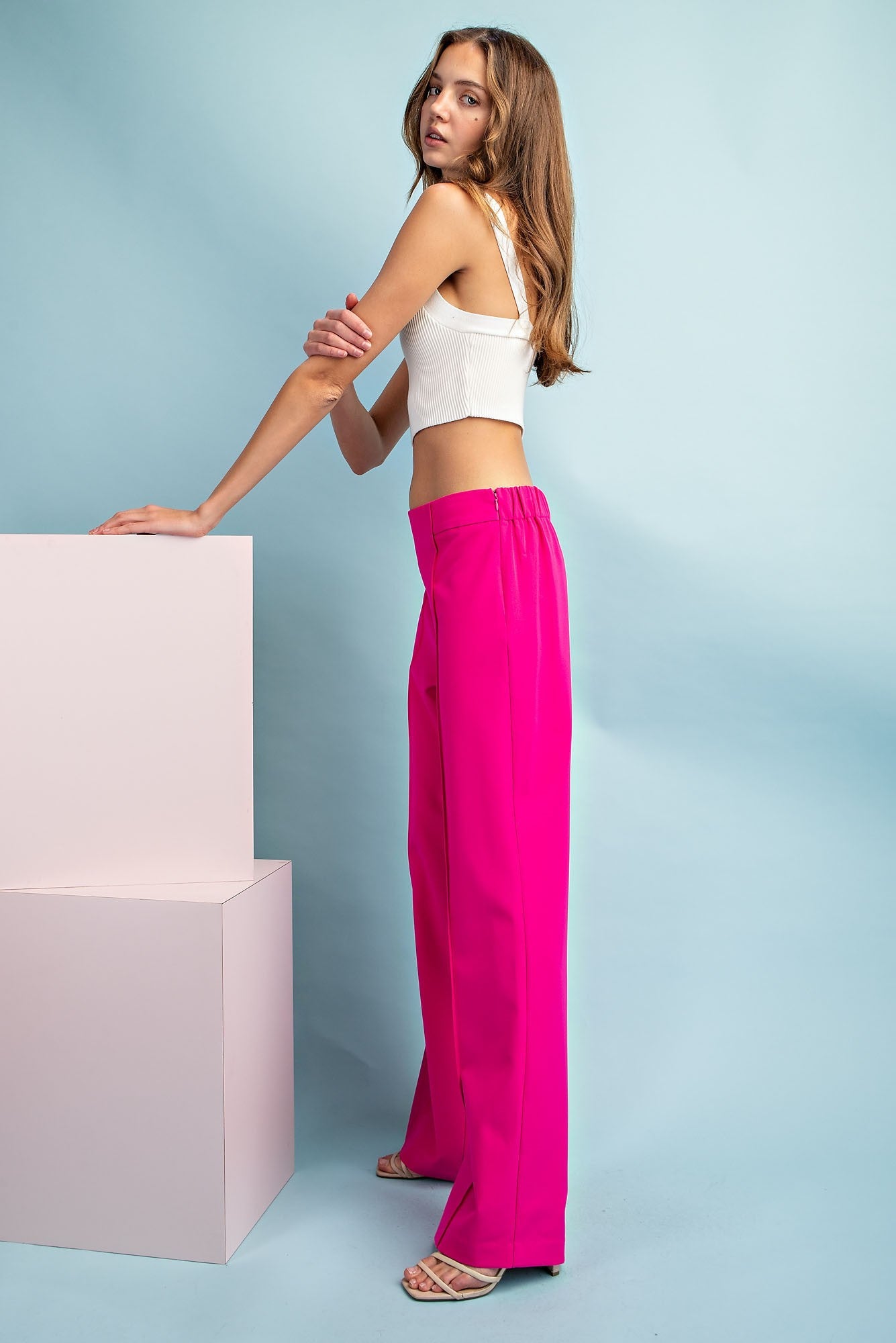 stretch pintuck front seam high waist wide leg pants