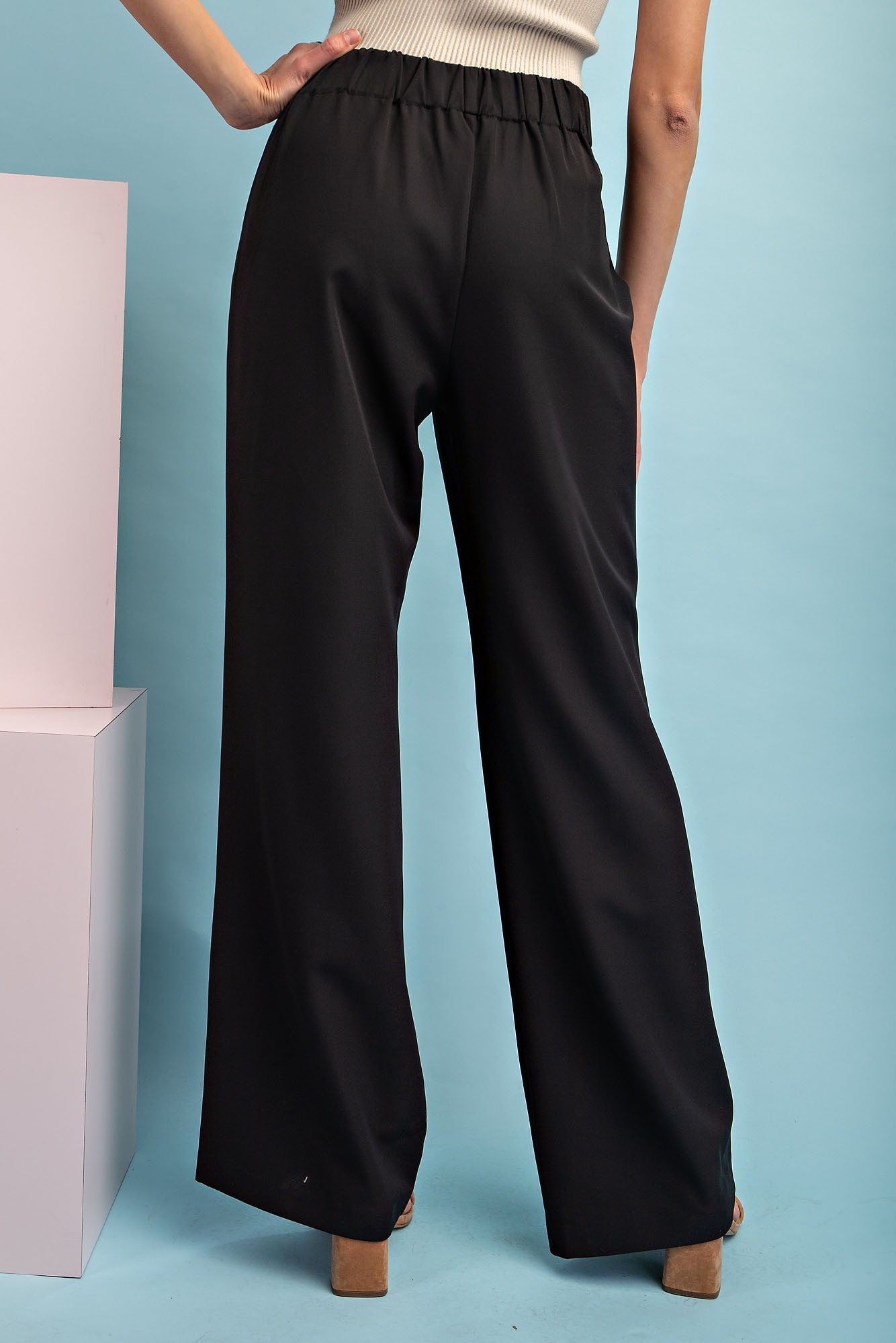 stretch pintuck front seam high waist wide leg pants