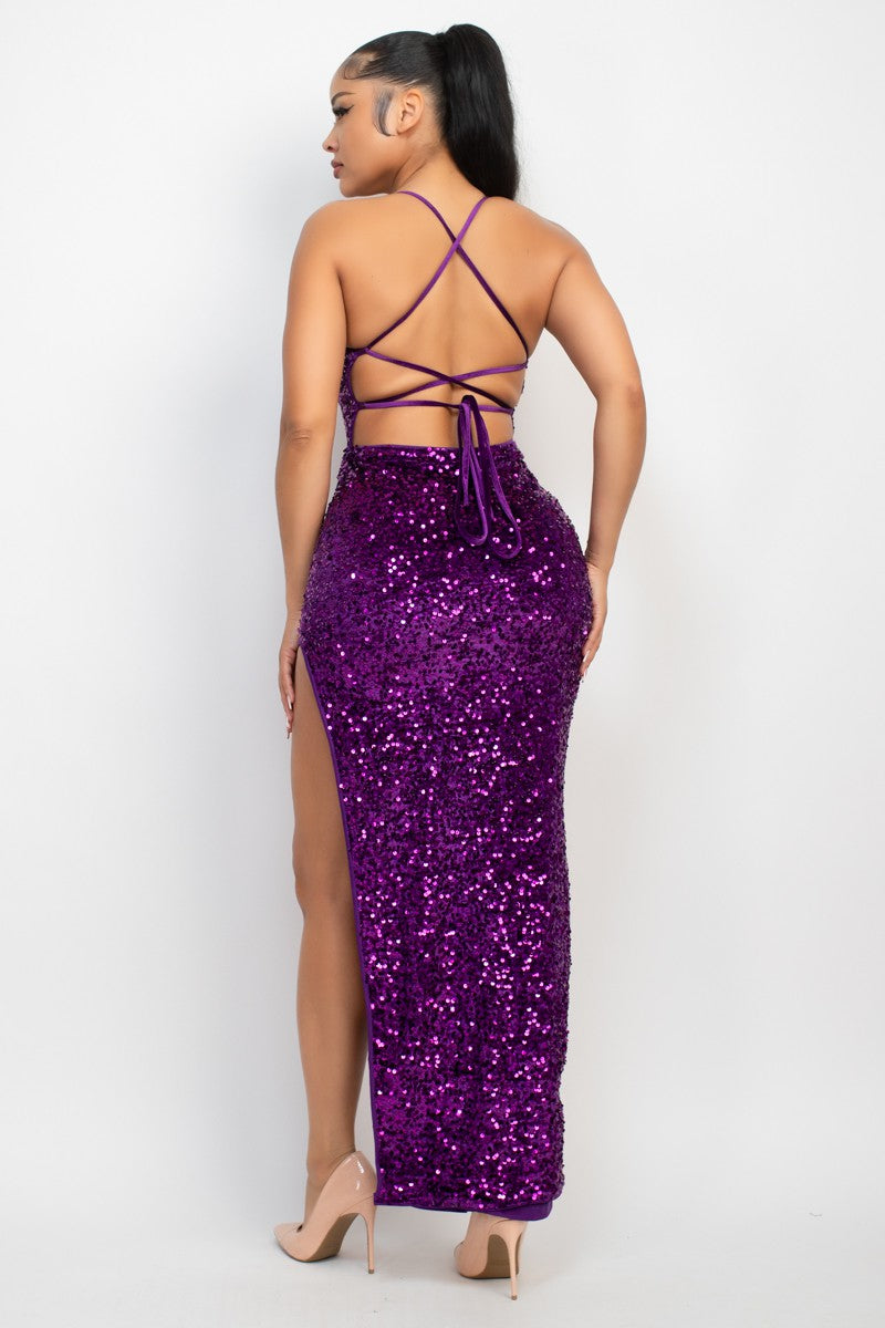 Sequin Back-Tie Slit Maxi Dress