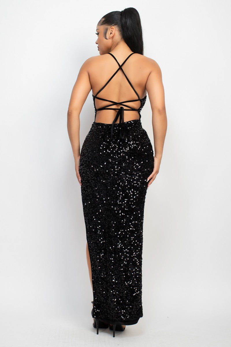 Sequin Back-Tie Slit Maxi Dress