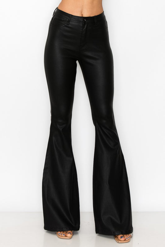 faux leather high waist coated stretch bell bottom pants