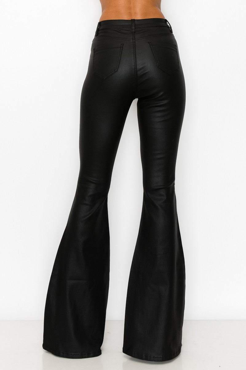 faux leather high waist coated stretch bell bottom pants