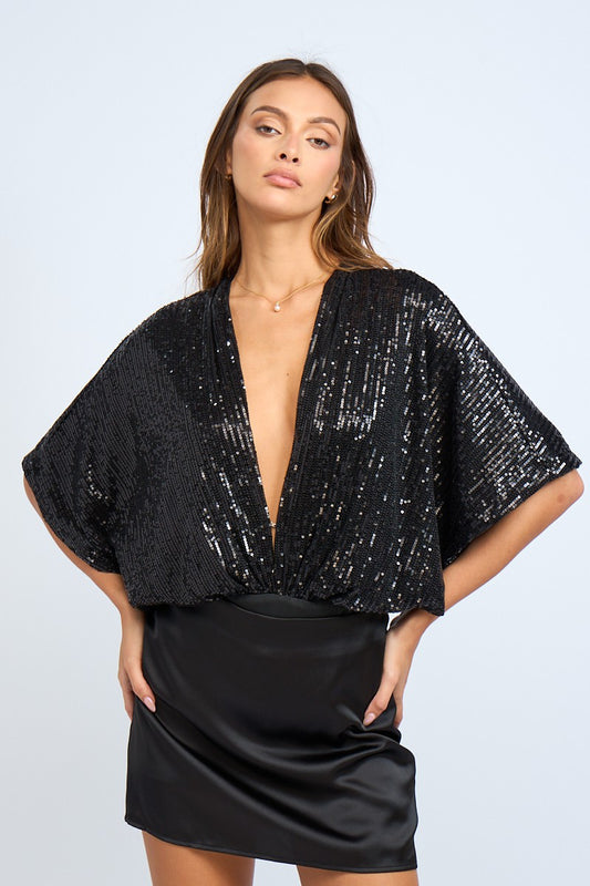 plunging v-neck flutter sleeve sequin bodysuit