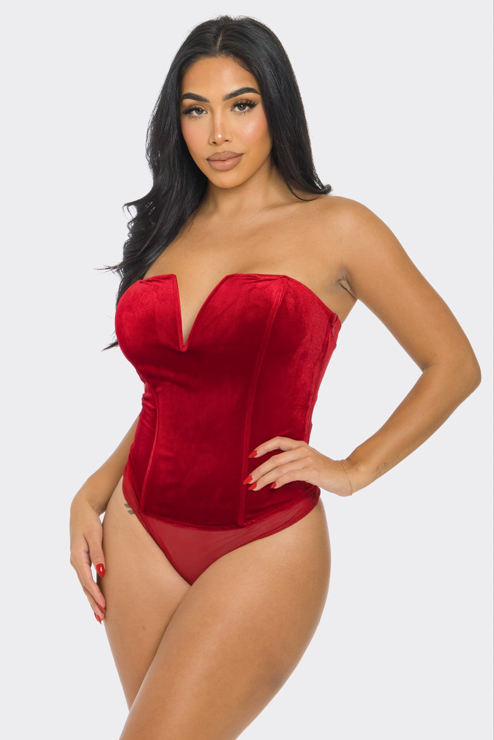 velvet strapless v notched bodysuit