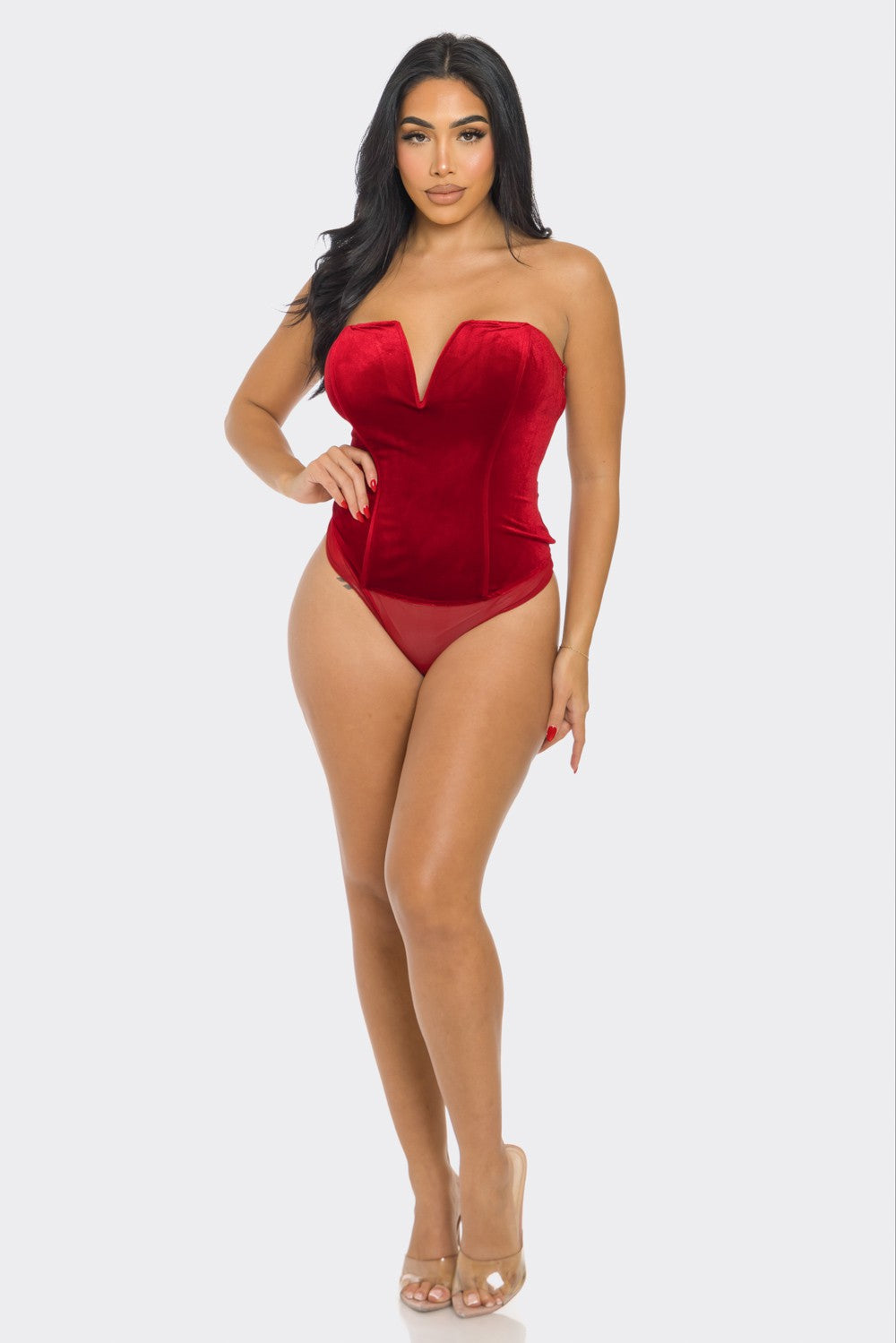 velvet strapless v notched bodysuit