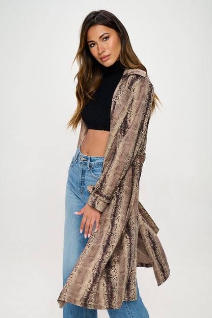 Snake Print Suede Belted Coat