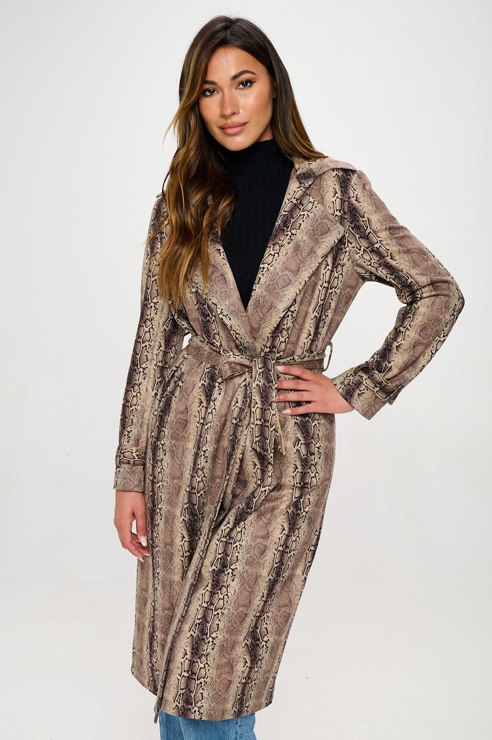 Snake Print Suede Belted Coat