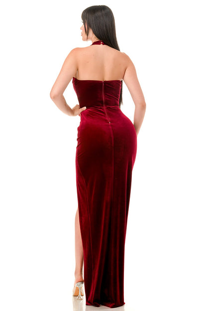 velvet halter maxi dress