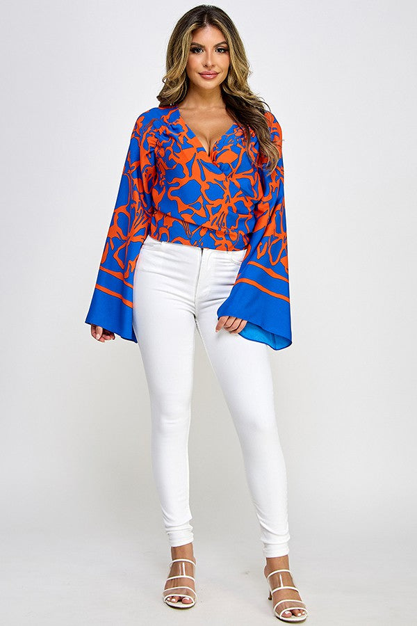 Border Printed Raglan Sleeve Surplice Top