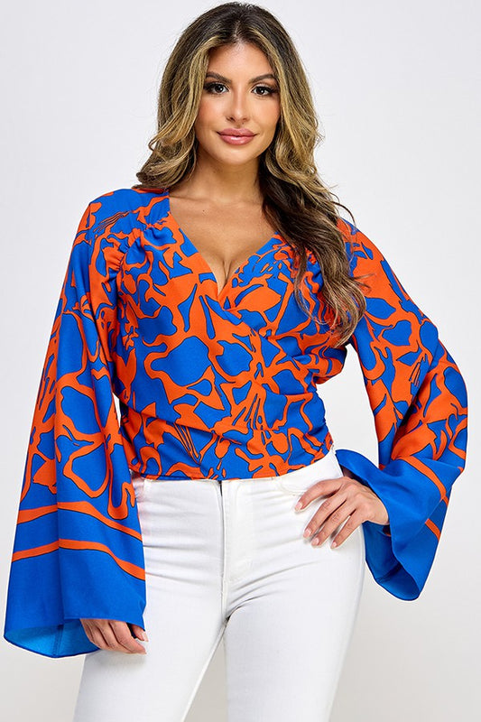 Border Printed Raglan Sleeve Surplice Top