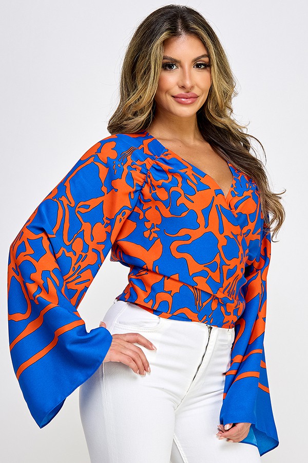 Border Printed Raglan Sleeve Surplice Top