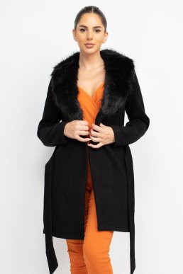 faux fur collar belted trench coat