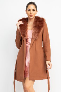 faux fur collar belted trench coat