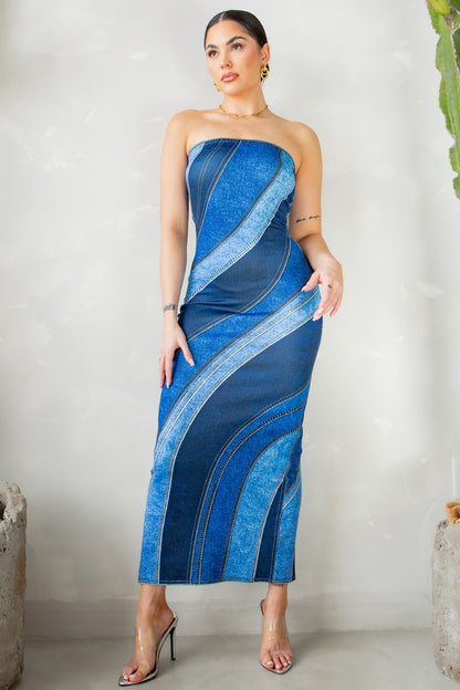 denim print strapless maxi dress