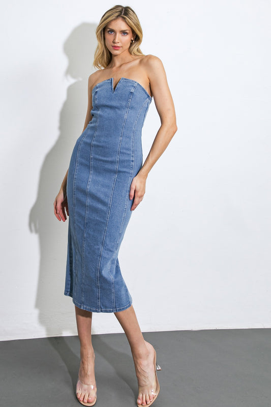 stretch denim strapless notched V midi dress